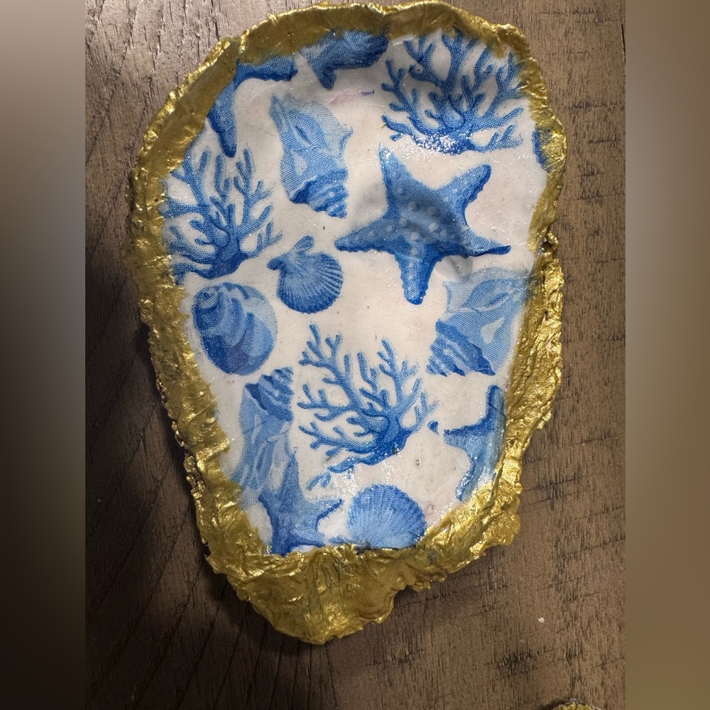 Handcrafted oyster shell  Sea Life Decorative Dish in Blue and Gold large